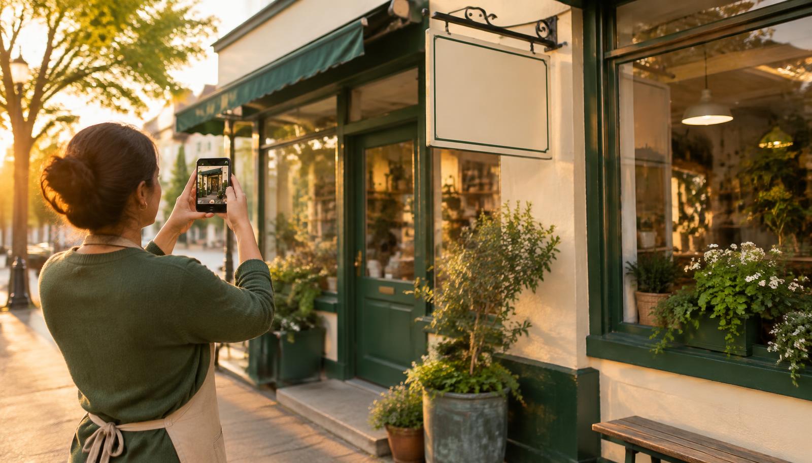 Owner photographing her storefront for her business listing
